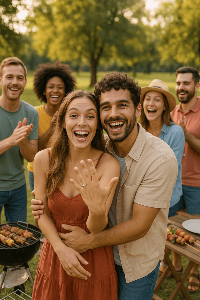 Happy couple at engagement party