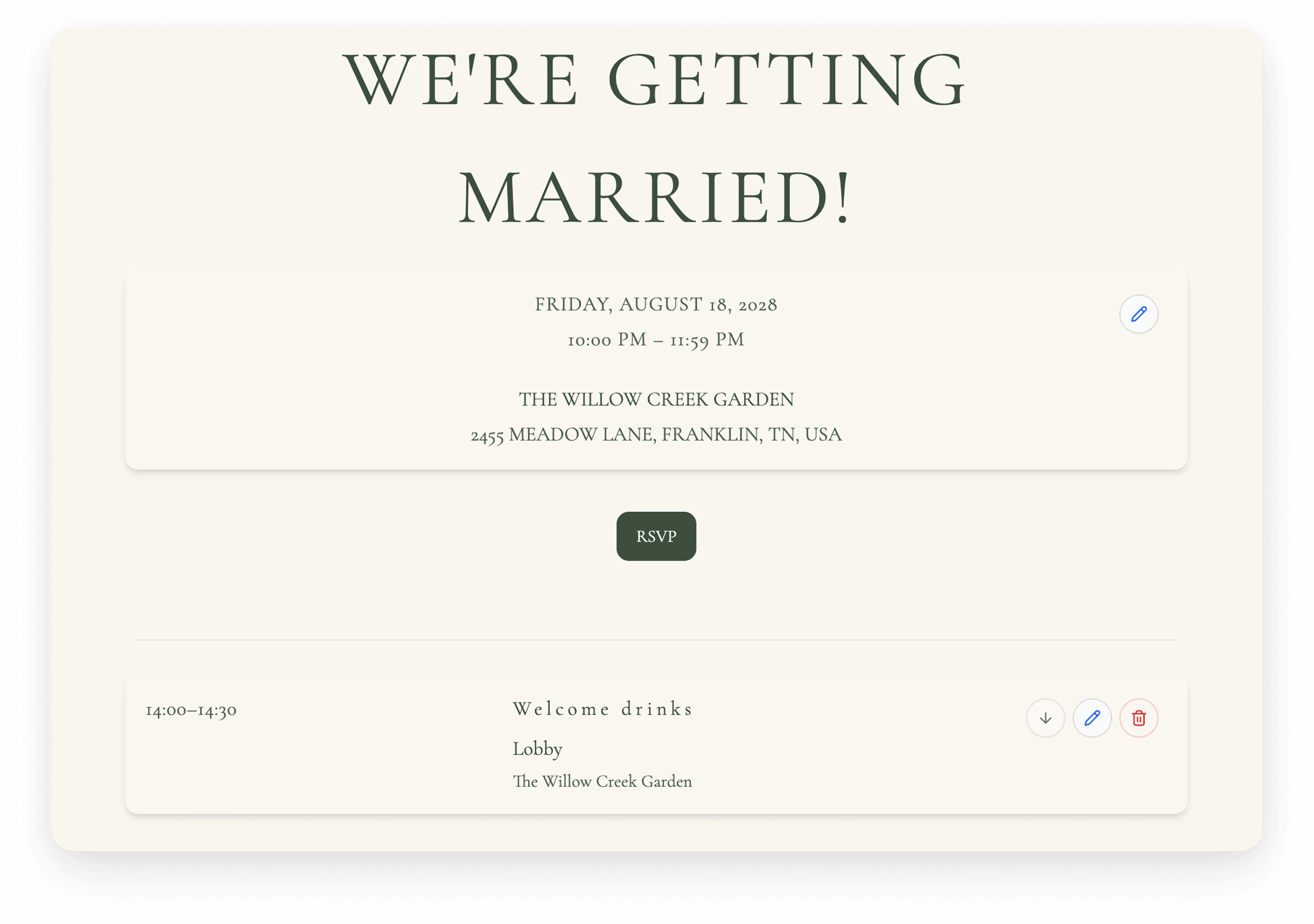 Celebrate event website builder showing a wedding page
